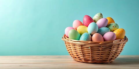 Easter eggs in a basket on a pastel background, Easter, eggs, basket, pastel, background, spring, holiday
