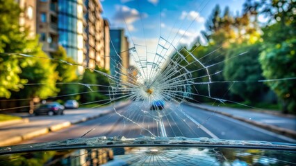 Close-up of a small crack or chip on a car's windshield, with a blurry outside view and a subtle reflection of trees or buildings nearby.