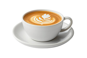 A beautifully crafted cup of latte with intricate latte art served in a white cup and saucer, isolated on a white background.