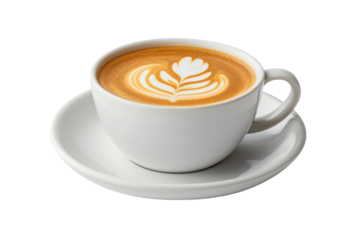 A beautifully crafted cup of latte with intricate latte art served in a white cup and saucer, isolated on a white background.