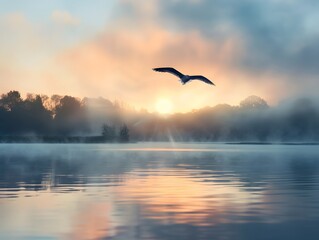 Fototapeta premium Serene Sunrise Over Misty Lake with Bird in Flight and Reflective Water Surface