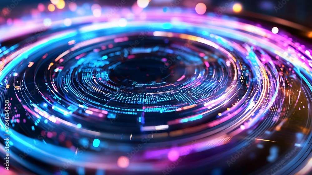 Poster vibrant abstract digital background featuring colorful light trails and circular patterns, ideal for