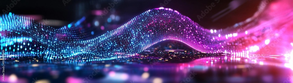 Poster vibrant abstract waves of light in blue and pink hues, creating a visually dynamic and energetic atm