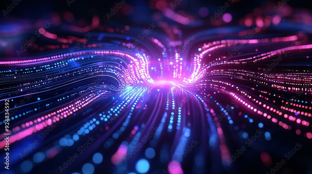 Poster vibrant digital particles flow dynamically, creating a stunning abstract light display in hues of pi