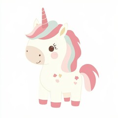 Naklejka premium Pastel Dream Unicorn: A whimsical illustration of a cute unicorn with rainbow mane and tail, perfect for children's designs, greeting cards, and magical projects. 