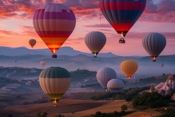 Obraz premium A kaleidoscope of colorful hot air balloons floating over a picturesque valley at dawn.