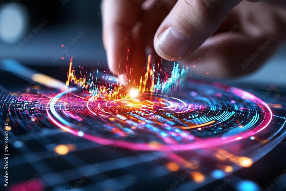 Poster a close-up of a hand interacting with a vibrant digital interface displaying colorful data visualiza