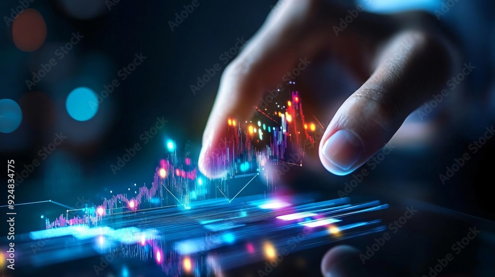 Poster a close-up of a hand interacting with a digital display showcasing vibrant graphs and data analytics