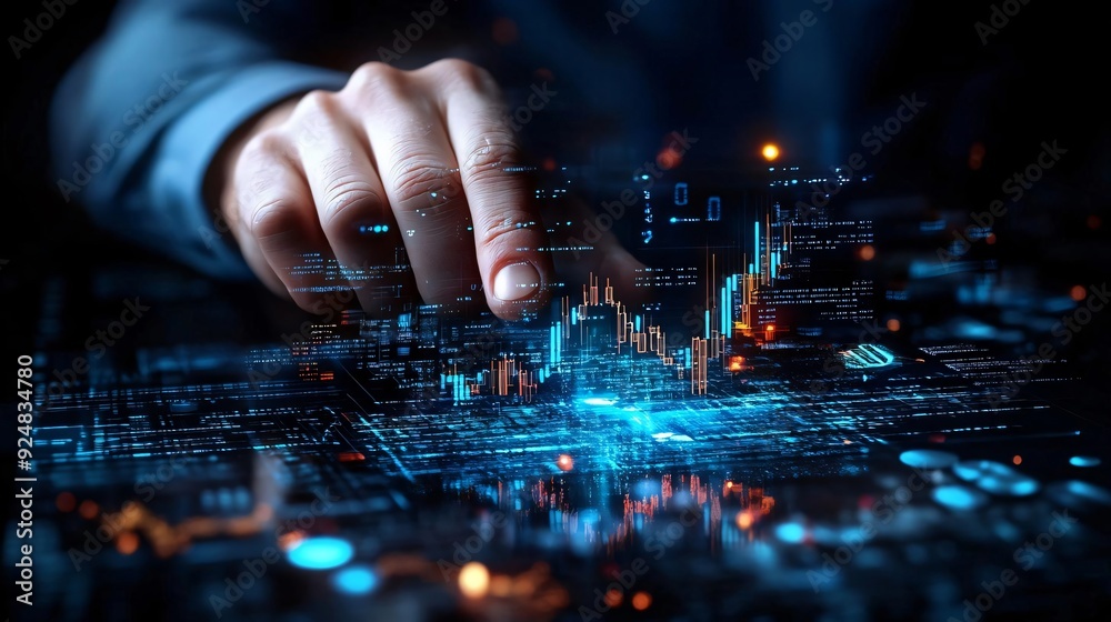 Poster a close-up of a hand interacting with a digital interface, showcasing data visualization and advance