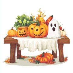 A playful harvest table with a mix of autumn vegetables and ghostly accents, vector art, colorful, isolated on white background