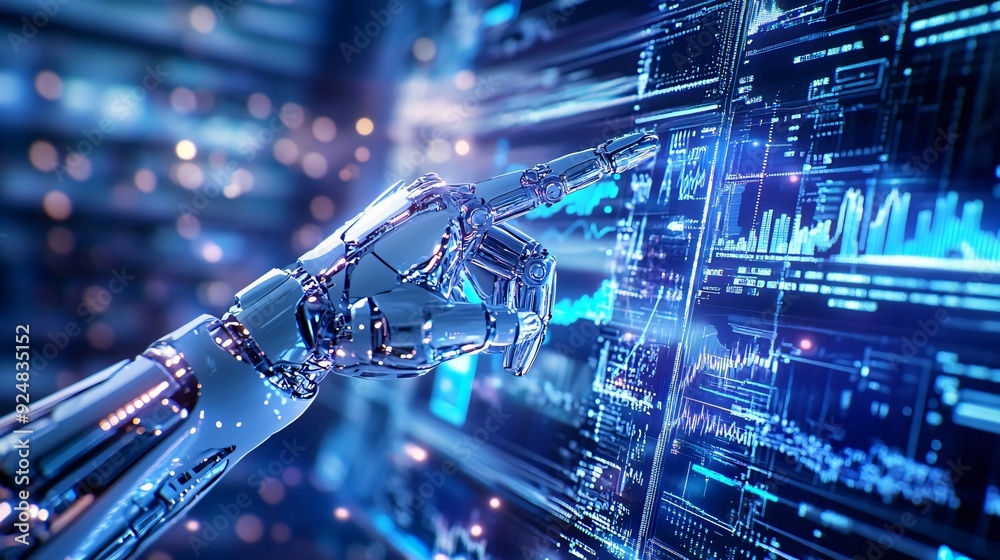 Poster a futuristic robotic hand interacting with a digital interface, showcasing advanced technology and d