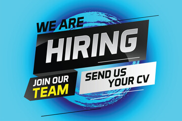 Obraz premium Hiring recruitment design for banner poster. We are hiring lettering with geometric shapes lines. Vector illustration typographic. Open vacancy design template
