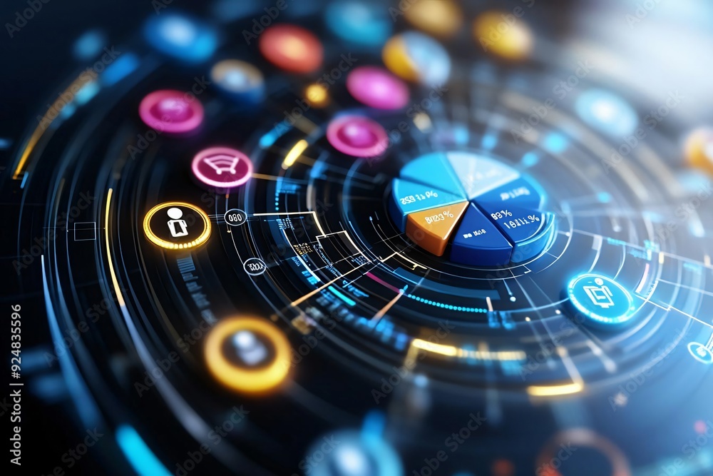 Poster a vibrant digital interface featuring colorful icons and interactive elements, perfect for technolog