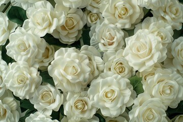 Top view of numerous artificial white roses in blurred background