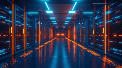 Obraz premium Futuristic Data Center with Glowing Server Racks.