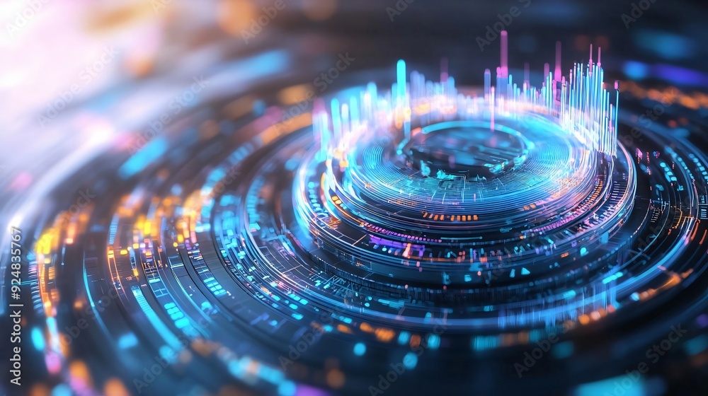 Poster abstract digital art showcasing vibrant light patterns and data visualizations in a circular motion,