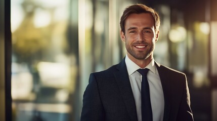 Fototapeta premium A confident businessman dressed in a suit smiles warmly while standing in a corporate environment.