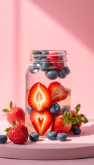 A beautiful glass jar filled with water, strawberries and blueberries.