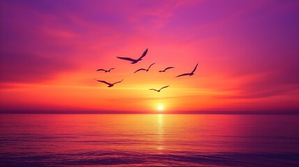 Fototapeta premium A group of seagulls gracefully flying over the calm ocean during a vivid, colorful sunset with hues of purple and orange.