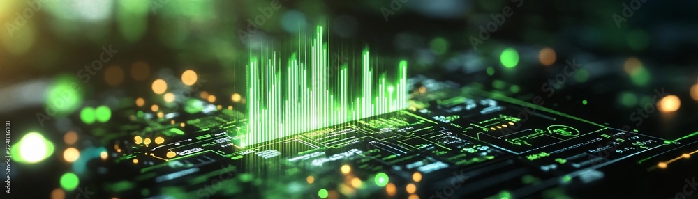 Poster abstract technology background with digital green wave graphic on a circuit board, representing data