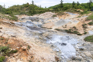 Scenic View of Volcanic Terrain with Sulfur Deposits, Goshougake Onsen, Akita, Japan
