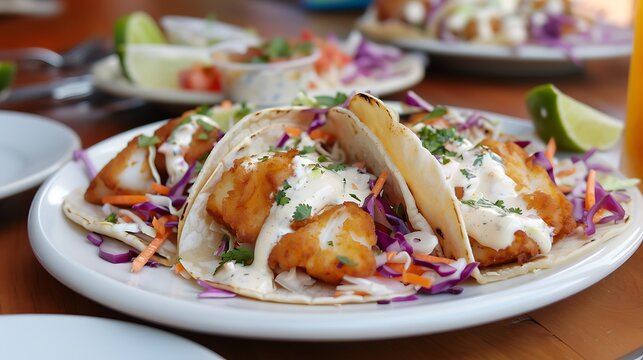 A beautifully arranged plate of tacos de pescado (fish tacos), with crispy fish, cabbage slaw, and creamy sauce.