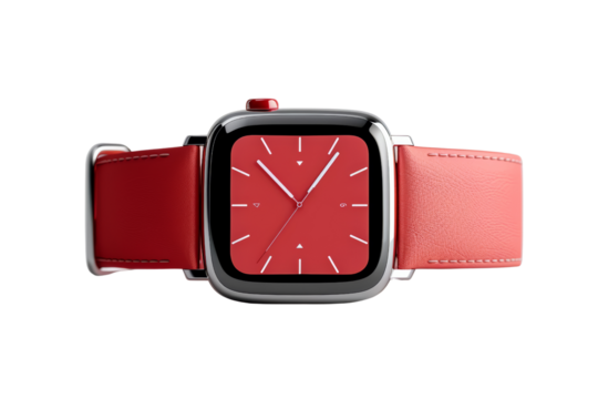 Stylish red smartwatch with a square dial and matching red strap, featuring modern design and sleek functionality. Perfect for tech enthusiasts.