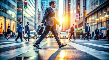Obraz premium A businessman in a suit crosses a busy city street during rush hour, symbolizing urban life and professional hustle.