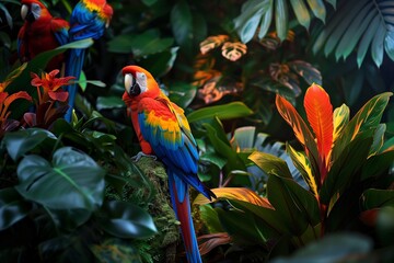Obraz premium A lush tropical garden with vividly colored parrots perched amongst the foliage.