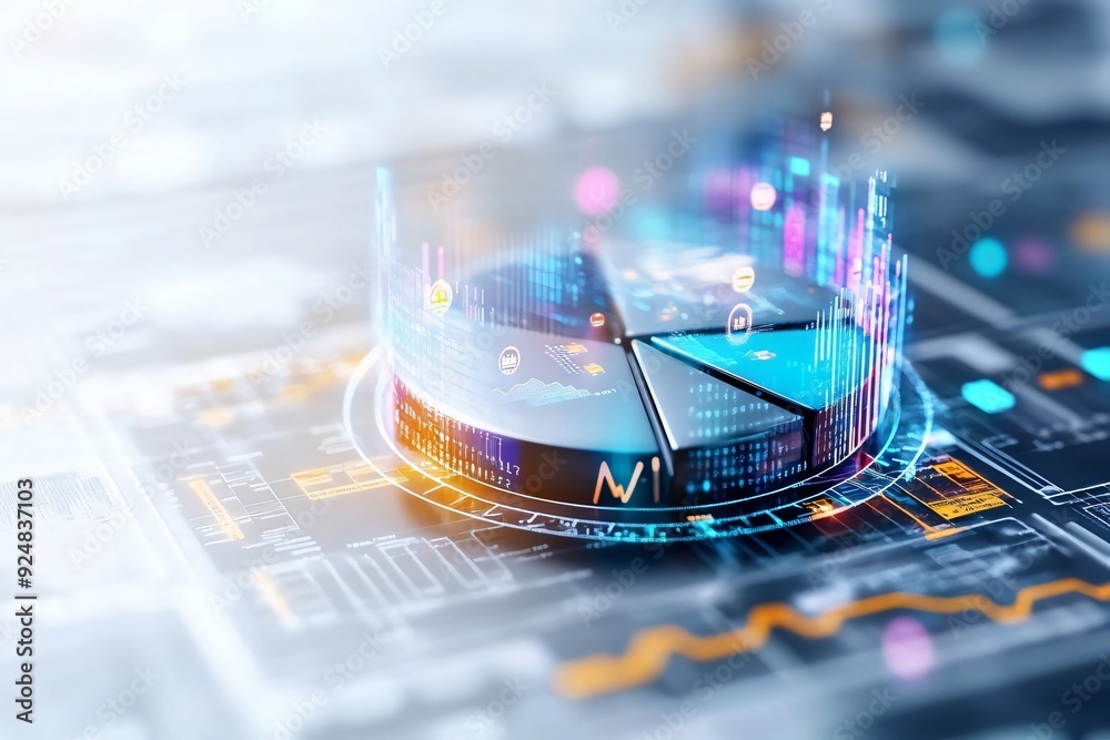 Poster futuristic data visualization with a holographic pie chart and digital graphs, showcasing analytics 