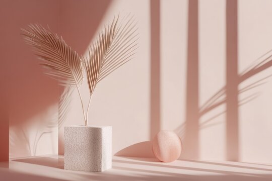 Pink background with shadow and hightlight from sun light, minimalist for produk background with cubic ornament.
