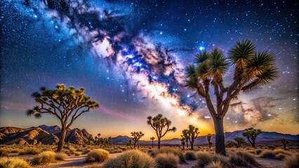 Desert night sky with joshua trees under the milky way and stars , desert, night sky, joshua trees, milky way, stars