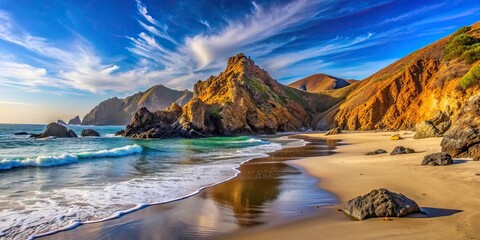 Obraz premium Colorful sand and scattered rocks on Pfeiffer Beach in Big Sur, California, Pfeiffer Beach, Big Sur, California, colorful
