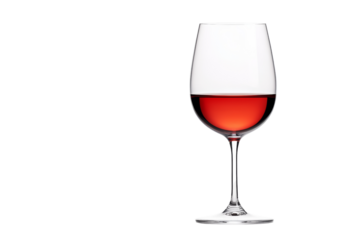 Elegant wine glass isolated on a white background, filled with red wine, perfect for illustrating beverages or dining themes.
