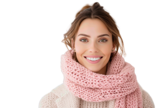 Smiling woman wearing a pink knitted scarf and cozy sweater. Fashionable autumn or winter look. White background.