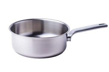 A shiny stainless steel saucepan with a long handle, perfect for cooking and simmering various dishes in the kitchen.