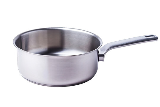 A shiny stainless steel saucepan with a long handle, perfect for cooking and simmering various dishes in the kitchen.