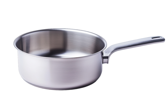 A shiny stainless steel saucepan with a long handle, perfect for cooking and simmering various dishes in the kitchen.