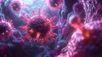 A vibrant, close-up view of virus particles in a microscopic setting, showcasing intricate details and colors.