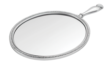 Elegant vintage hand mirror with ornate silver frame and smooth reflective surface, perfect for timeless beauty and elegance.