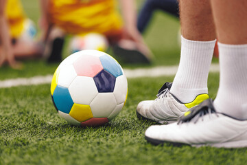 Colorful Soccer Ball. Sports Training for Children. School Kids Play Soccer. Physical Education Class for Elementary Age Children