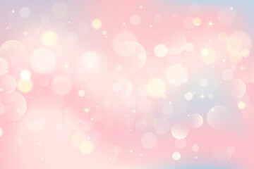 Light bokeh background. Abstract beige texture with soft glitter. Blurred pink and blue gradient with golden glow. Pastel elegant backdrop with neutral gradation for banner and invitation. Vector