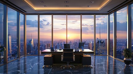 A luxurious office with a panoramic city view, ready for a merger announcement