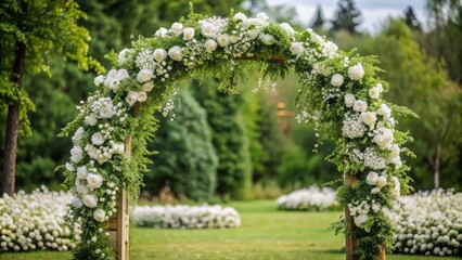 Obraz premium Delicate white flowers and lush greenery adorn a picturesque wedding arch, creating a romantic and intimate ambiance for a perfect outdoor ceremony setting.