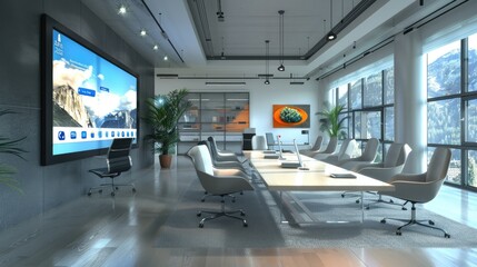 Obraz premium A modern office conference room with a large interactive touchscreen display, comfortable seating, and a table set up for a productive meeting.