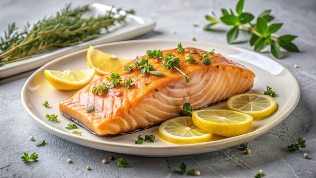 Delicious grilled salmon fillet with lemon and herbs on a white ceramic plate, isolated on a light gray background, selective focus on the fish.