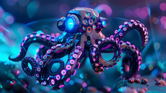 Futuristic Robotic Octopus with Glowing Tentacles in a Neon Underwater Environment