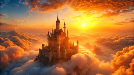 Naklejka premium A stunning castle floating above the clouds at sunset, creating a magical and enchanting scene.