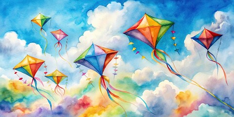 Watercolor of colorful kites flying in the sky, watercolor,colorful, kites, flying, sky, painting, art, vibrant, playful