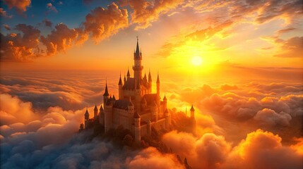 A stunning castle floating above the clouds at sunset, creating a magical and enchanting scene.